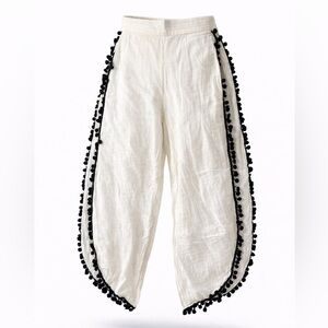 Boho Beach Cover Up Pants Size S | White Cotton Pom Pom Trim Resort Swim Coverup
